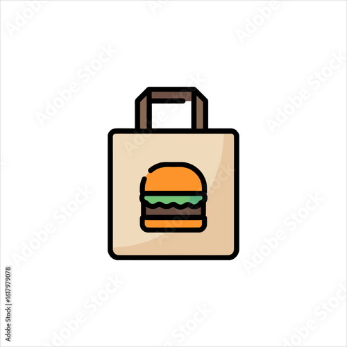 Burger in a paper bag sits on a white surface, representing fast food delivery and takeout services in a simple and modern style.