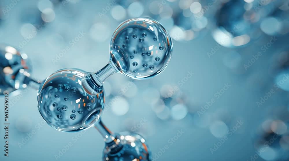 3D rendering of transparent blue water molecules in a connected ...