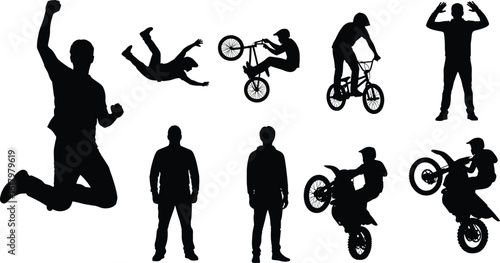 Silhouettes of bikers and people performing stunts, dramatic jump poses, extreme sport energy, action adventure design, dynamic black artwork