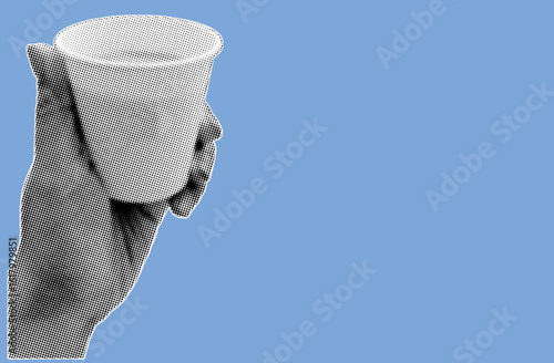 close up hand holding paper cup of coffee pixelate black and white color halftone dotted texture style collage element isolated on blue background