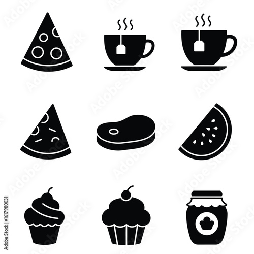 Food Icons: Pizza, Steak, Tea, Sweets
