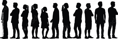 Silhouettes of diverse people standing in line, side view poses, human figures queue, isolated on white, design project illustration