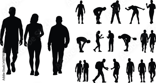 Silhouettes of people in various standing, walking, bending poses, motion collection illustration, human posture artwork, black vector design