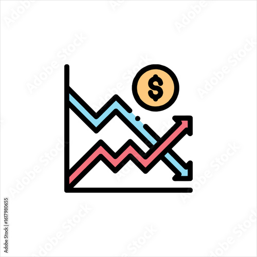 Stock market chart showing upward and downward trends with a dollar coin representing financial fluctuations in a simplified style.