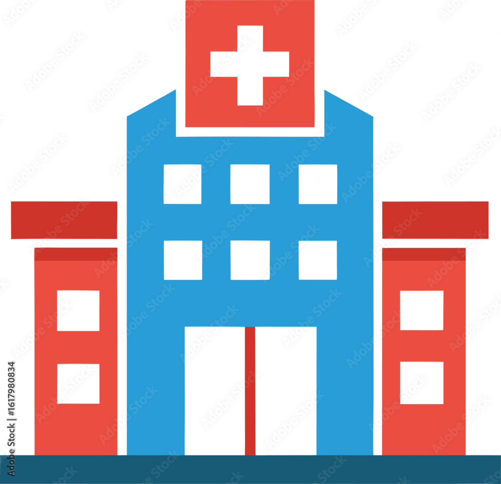 Obraz premium A modern hospital building with a red cross symbol isolated on white background