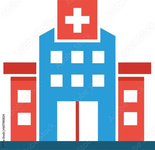 A modern hospital building with a red cross symbol isolated on white background