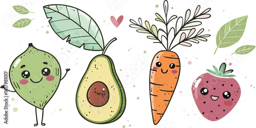 Joyful kawaii fruits and vegetables smiling happily, perfect for children's designs and healthy lifestyle promotions.