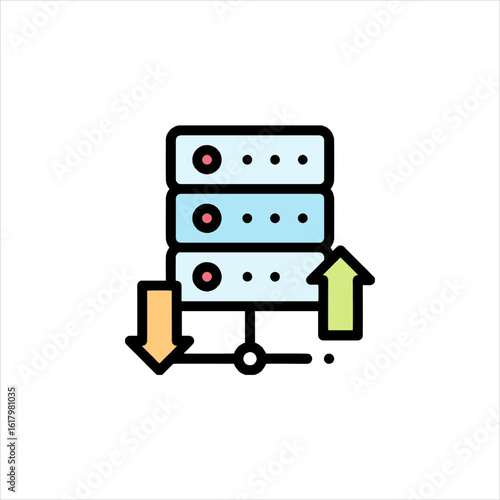 Server transferring data with arrows pointing up and down, representing data flow and network communication in a modern technology concept.