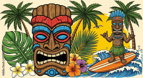 Colorful illustration of a tiki mask, surfer on a wave, palm trees, tropical leaves, and hibiscus flowers against a yellow sun background.