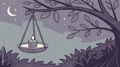 A candle lantern hanging from a tree branch at night with a crescent moon and stars in the background scene