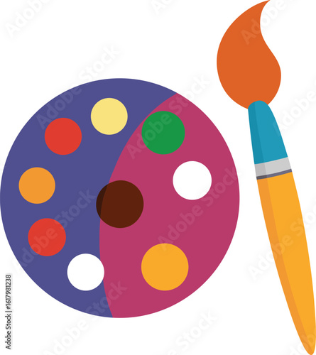 An artists palette with colorful paints and a brush, isolated on white background