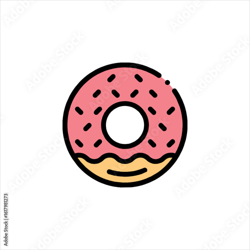 Pink frosted donut with sprinkles sits isolated on white, tempting treat for breakfast or snack, simple and sweet.
