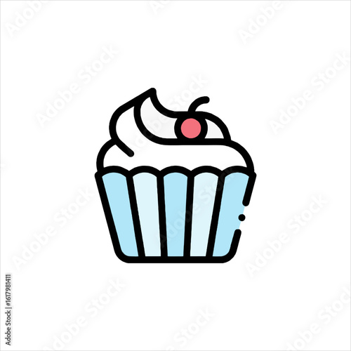 Delicious cupcake with white frosting and cherry sits on a white surface, tempting viewers with its sweet treat and delightful appearance.