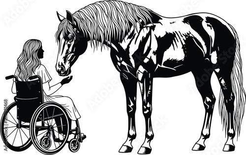 Wheelchair user interacting with horse, therapeutic animal connection, emotional support vector illustration, disability inclusion artwork, outdoor activity design