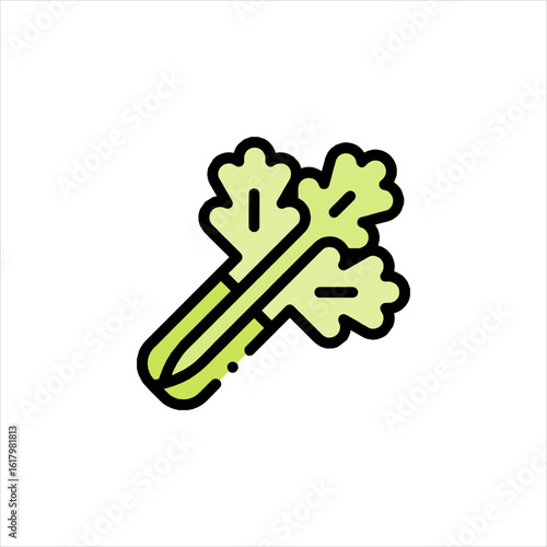 Fresh celery stalk displayed on white surface, highlighting its vibrant green color and crisp texture, suggesting healthy eating and freshness.