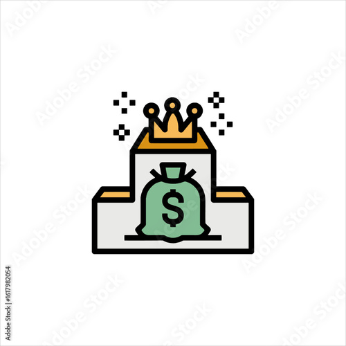 Money bag sits on a podium with a crown, representing financial success and achievement in a competitive business environment.