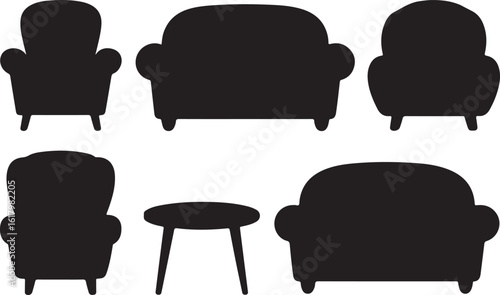 Black silhouettes of armchairs sofas and a small table couch furniture