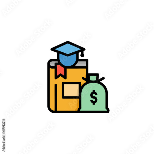 Book with graduation cap sits beside money bag representing the cost of education and student loan debt in modern society.