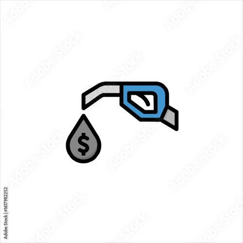 Gas pump nozzle drips fuel displaying a dollar sign, symbolizing the rising cost of gasoline at the station, reflecting economic concerns.