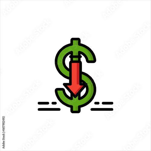 Green dollar sign with red arrow pointing down symbolizes financial loss and economic downturn on white backdrop, conveying a sense of crisis and concern.