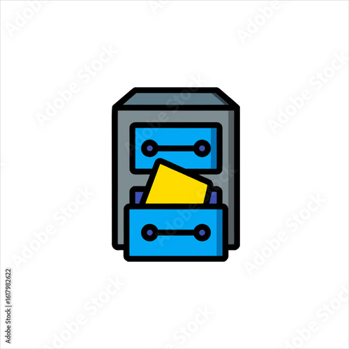 Blue file cabinet stores yellow documents in office, representing organization and efficient data management, conveying a sense of order and productivity.