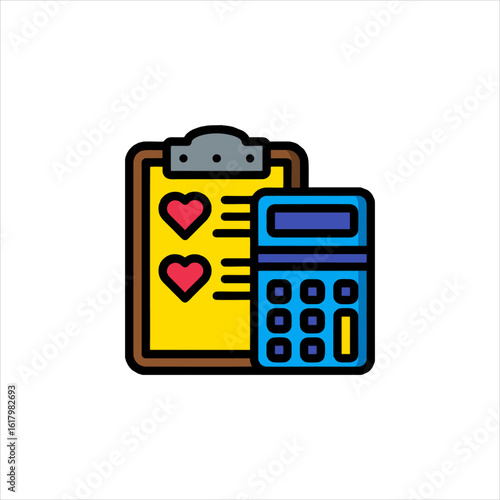 Calculator and clipboard with hearts showing financial health and love in a modern, clean style, representing care and responsibility.