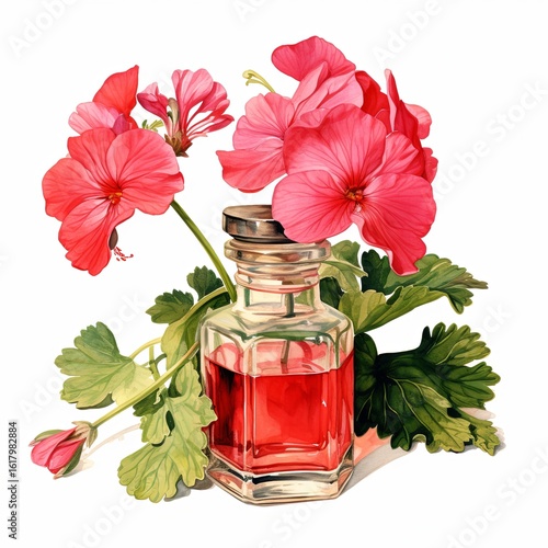 Vibrant red geranium flowers beautifully arranged with a clear glass bottle of essential oil