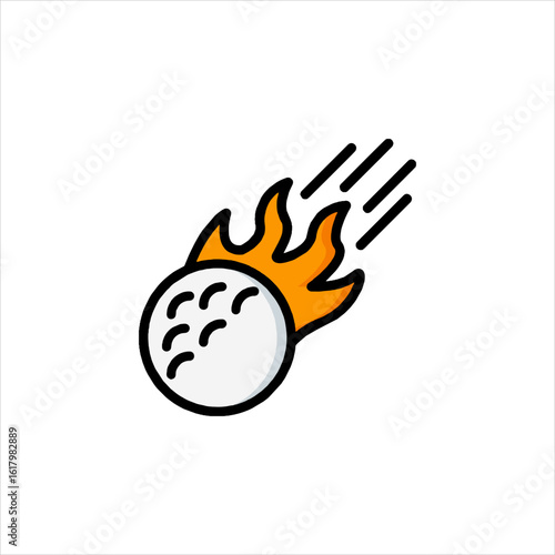 Golf ball flying through the air engulfed in flames, symbolizing speed and intensity during a competitive match on a sunny course.