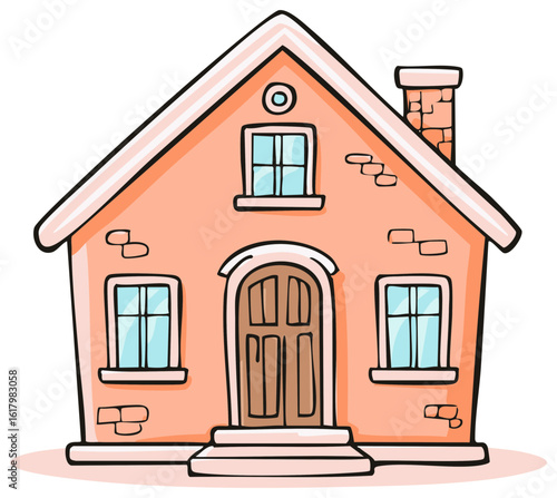 Charming cartoon house with arched doorway and brick chimney