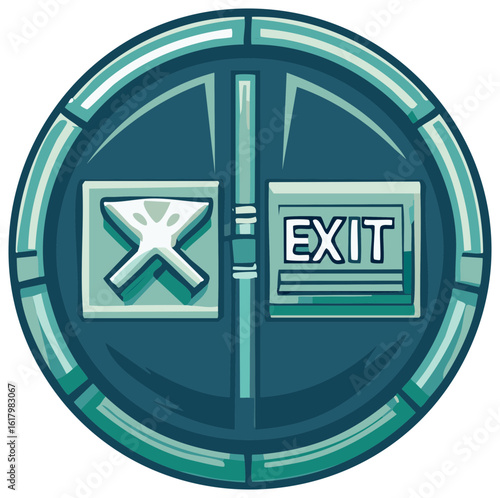 Circular Escape Hatch with Exit Sign and Cross Symbol Illustration