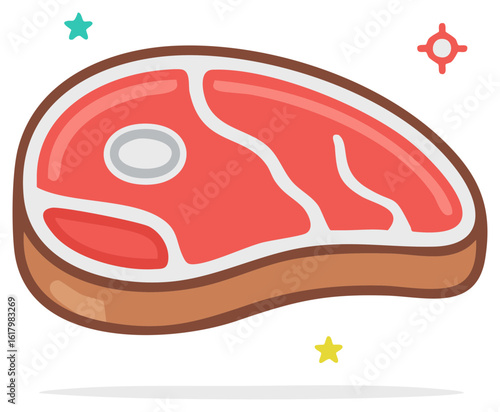 Fresh raw meat steak with bone and sparkles flat cartoon icon