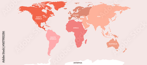 Cartoon horizontal infographic map with pink tones separating continents. Educational visuals for presentations and modern global themed content