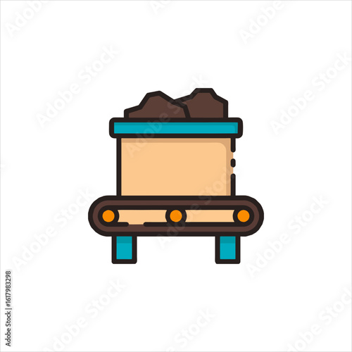 Coal cart transports raw materials on conveyor belt in industrial factory, showcasing production process and resource management in modern industry.