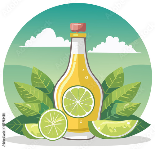 Bottle of yellow liquid with lime slice and lime wedges against nature background illustration