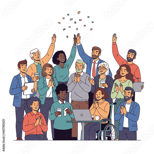 Joy and teamwork, animated group of diverse people celebrating under falling confetti, clapping and cheering, symbolizing unity, success, and a positive collaborative environment