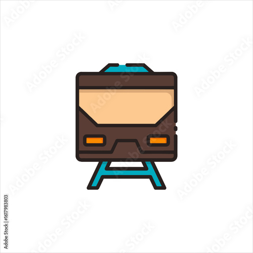 Brown train travels on blue tracks against a white backdrop, showcasing modern transportation and minimalist style, creating a clean and efficient aesthetic.