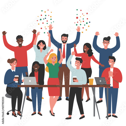 Celebrating business success � group of diverse office workers gathered around a table with confetti falling, representing teamwork, achievement, and workplace celebration