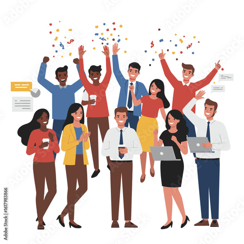 Celebrating business success � group of diverse professionals joyfully celebrating under a confetti shower, symbolizing teamwork, achievement, and a thriving workplace culture