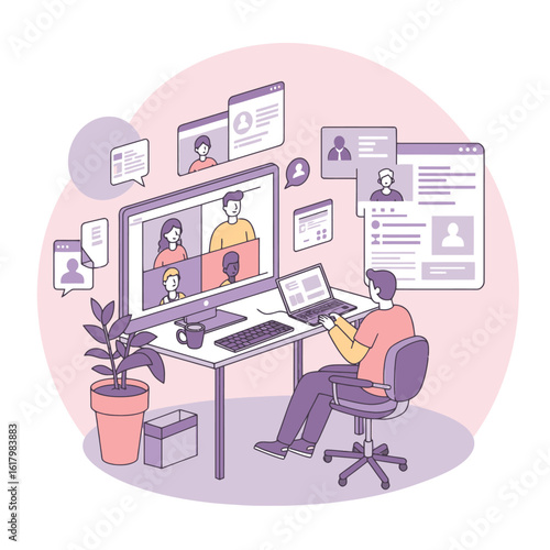 Illustration of a man at a desk participating in a video conference, representing remote collaboration, communication, and a positive work culture in a modern professional environment
