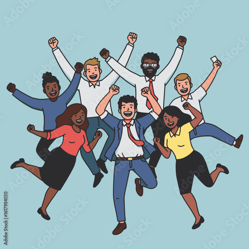 Diverse team of professionals, seven people jump with joy, arms raised and smiling against a light blue background, celebrating success, teamwork, and an inclusive workplace culture