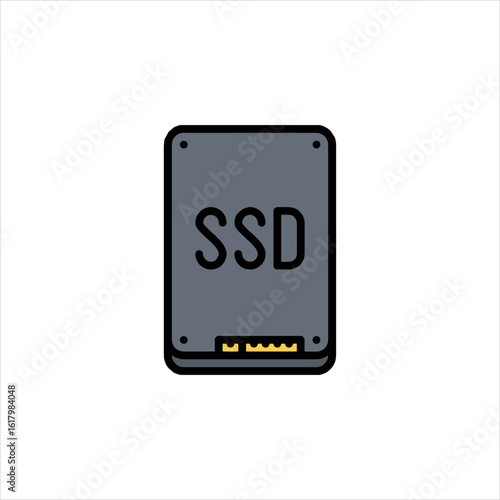 Solid state drive sitting on white surface showing ssd label, a modern storage device for computers and laptops, clean and simple.