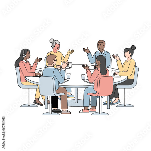 Six diverse professionals seated at a round table, actively engaged in discussion with gestures � representing teamwork, collaboration, and inclusive workplace communication