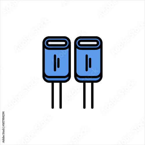 Two blue capacitors stand side by side on a white surface, showcasing their simple design and functionality in a clean and minimalist style.