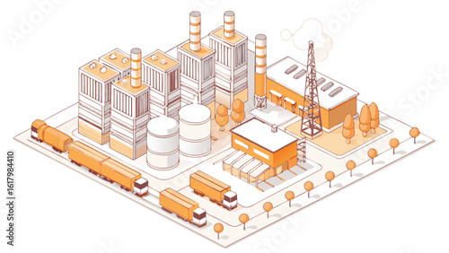 Isometric view of a factory with multiple buildings tanks trucks and trees in a stylized illustration