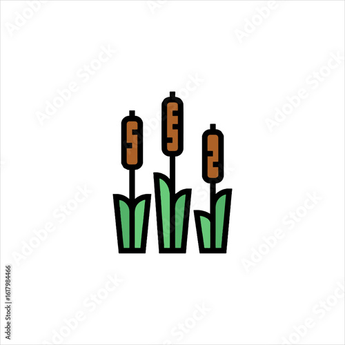 Three cattails stand tall with green leaves in a marshy area, creating a simple and natural scene, conveying a sense of tranquility and nature's beauty.