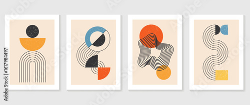 Hand drawn geometric abstract shapes set. Mid century modern vector posters with vintage colors. Minimalist line art for wall decor, print, or graphic design.