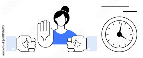 Woman raising hand to signal stop, opposing clenched fists, alongside clock imagery. Ideal for boundaries, time management, workplace harmony, negotiation, stress control, teamwork simple flat