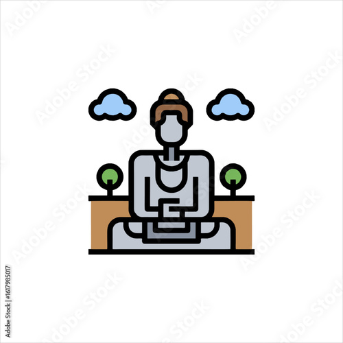 Meditating buddha statue sits peacefully under blue clouds in a serene garden, radiating tranquility and spiritual enlightenment.