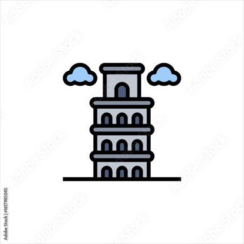 Leaning tower of Pisa stands against a clear sky with fluffy clouds, representing Italian architecture and a popular tourist destination in a simple, stylized form.