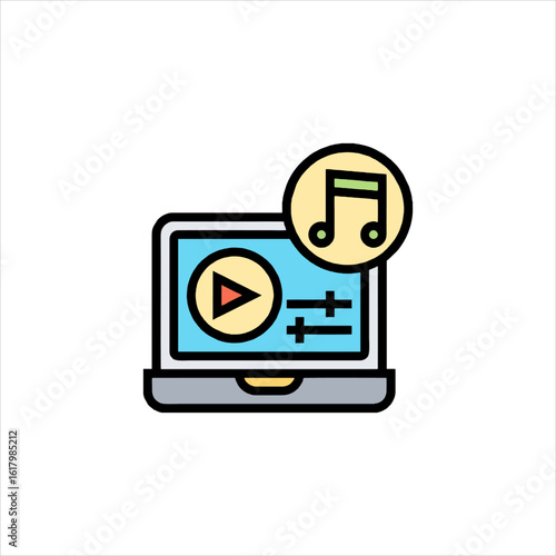Laptop displaying music editing interface with play button and sound controls for creating audio content, conveying technology and creativity.